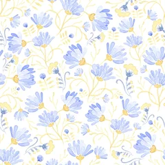 Foto op Canvas Seamless Watercolor background with floral patterns. Blue tulips, chamomile, leaves. Summer ornament. It can be used for wallpaper, printing on the packaging paper, textiles. © natalitovchenko