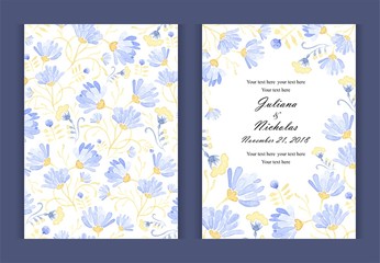 Watercolor flower  background border. Invitation card for a birthday or wedding. Floral patterns. Size: 5" x 7".  The front and back side. Blue tulips, chamomile, leaves. Summer ornament.