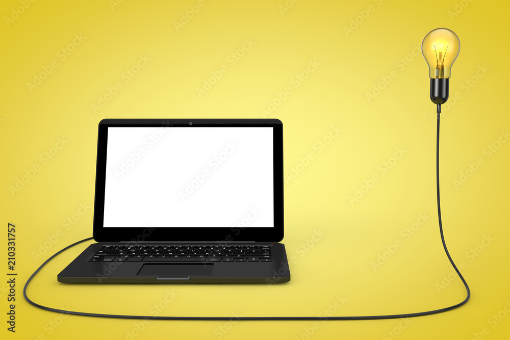 Aufkleber Laptop Computer Connected to Creative Idea Light Bulb. 3d Rendering