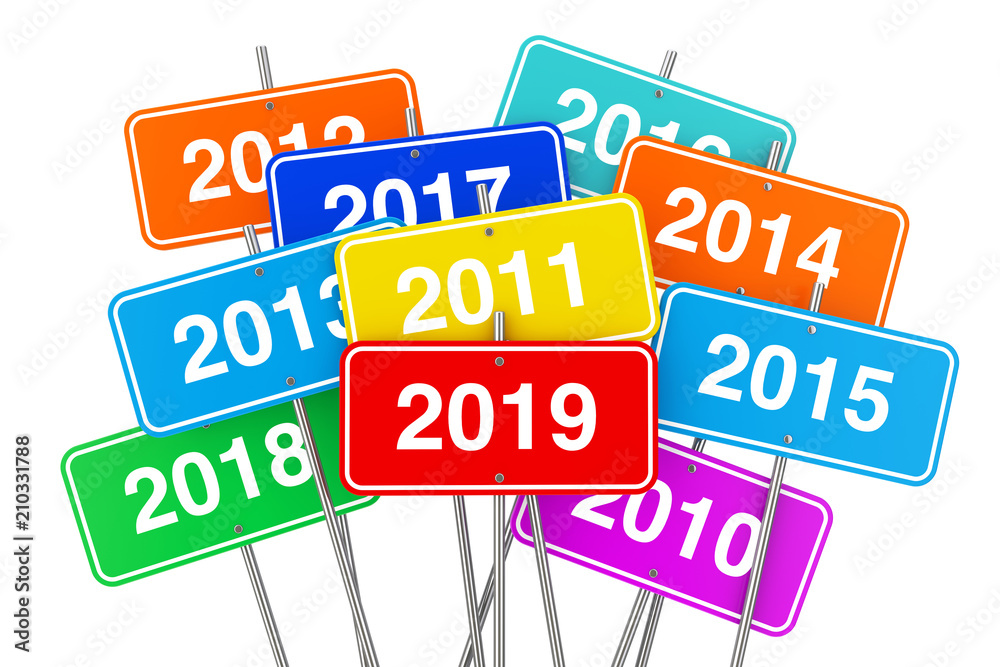 Aufkleber 2019 new year color signs. 3d rendering