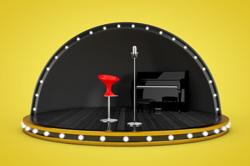 Stage Scene with Lights and Piano, Microphone and Singer Chair. 3d Rendering