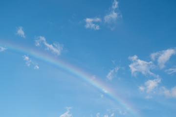 Naklejka na ściany i meble Rainbow and white clouds in blue sky