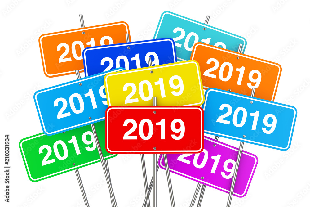 Poster 2019 New Year Color Signs. 3d Rendering