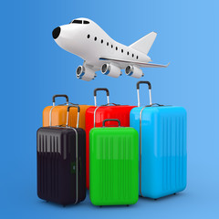 Air Travel Concept. Large Multicolour Polycarbonate Suitcases with Cartoon Toy Jet Airplane. 3d Rendering