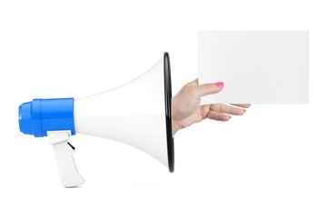 Hand show Blank Paper from Megaphone. 3d Rendering