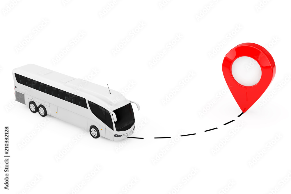 Poster Big White Coach Tour Bus Drive to Pointer. 3d Rendering