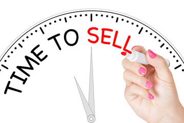 Woman Hand Writing Time to Sell Message with Red Marker on Transparent Wipe Board. 3d Rendering