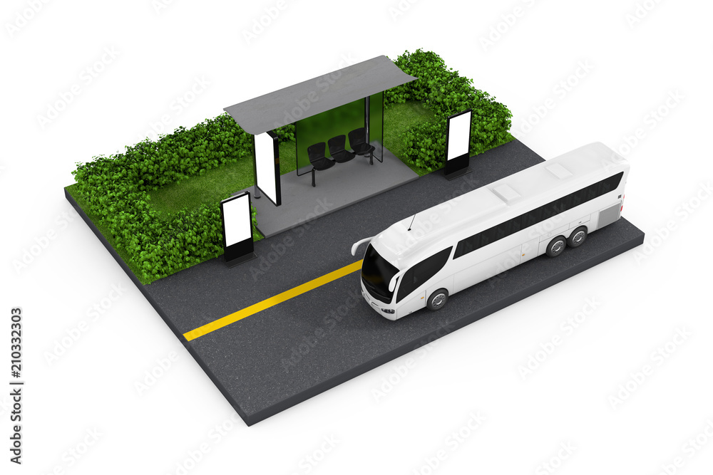 Poster big white coach tour bus near bus stop station with blank billboards. 3d rendering