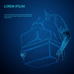 Delivery man delivering parcel boxes, job concept, web banner with copy space. Starry sky or space, consisting of stars and the universe. Vector business illustration. Low poly vector