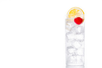 Classic Tom Collins cocktail on white background. Copyspace

