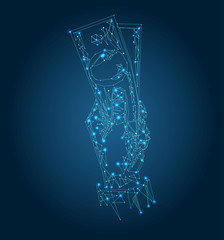 Abstract image of a hand holding money banknotes in the form of a starry sky or space, consisting of points, lines, and shapes in the form of planets, stars and the universe.  Low poly vector