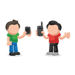 Vector hand-drawn cartoon of two men show their new and old phones each other