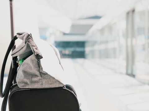 Travel and accessory concept from bag put on luggage with modern train station and sunlight background