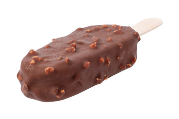 Ice Cream on stick, Popsicle covered with chocolate and almond isolated on white, clipping path