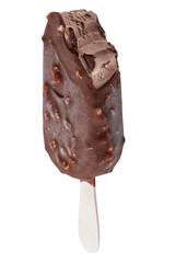 Ice Cream on stick, Popsicle covered with chocolate and almond isolated on white, clipping path