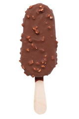 Ice Cream on stick, Popsicle covered with chocolate and almond isolated on white, clipping path