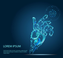 Human hand in virtual reality, like a robot. Technological concept. Banner. Low poly vector illustration of starry sky. The shield consists of lines, dots and shapes. Low poly vector