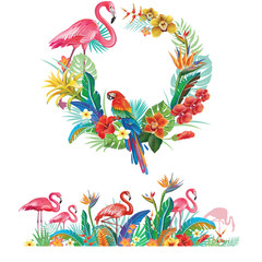 Frame and border from tropical flowers and Flamingoes