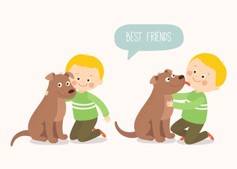 Child lovingly embraces his pet dog. A little dog licking a boy's cheek. Best friends. Cartoon vector clip art illustration on white background in flat style.