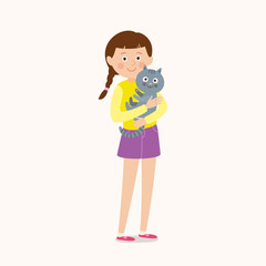 Young female character playing with a cat. Flat editable cartoon vector clip art illustration on white background.