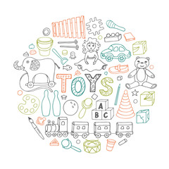 Toys. Set of sketches from different toys on white background. Hand drawn baby vector illustration. 