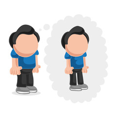 Vector hand-drawn cartoon of fat man standing dreaming of being thin thought bubble