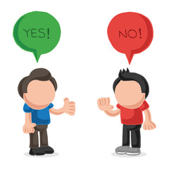 Vector hand-drawn cartoon of two men arguing yes no in speech bubbles