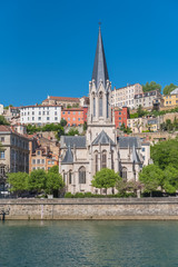 Vieux-Lyon, Saint-Georges church on the quay, colorful houses in the center
