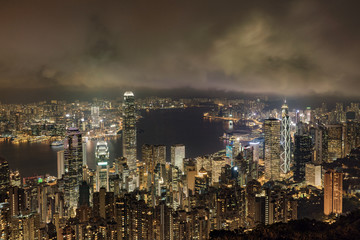 Buildings in downtown city at night, top view