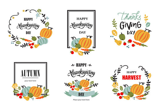 Set of happy Thanksgiving hand drawn typography poster. Elements for Thanksgiving greeting card with vegetables, fruits, berries and leaves. Vector calligraphy lettering, sign, symbol, banner.