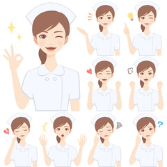 Fototapeta premium 若い看護師 白衣 顔 表情 かわいい フラット イラスト セット