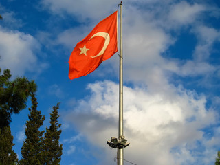 Red and white Turkish flag on blue skies with trees.   