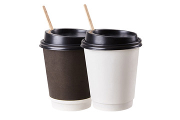 Two coffees in paper cup. Coffee to go.  Isolated on a white background ready for menu.s