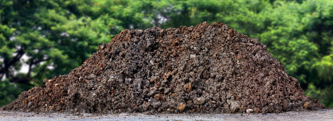 Agricultural land for cultivation, A large pile of thick, Wet brown soil mountain shape, Clay pile isolated tree nature Background, Soil pile land for construction home or Road way building