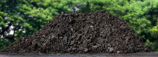 A large pile of thick, Wet black soil mountain shape, Clay pile isolated tree nature Background, Agricultural land for cultivation, Soil pile land for construction home or Road way building