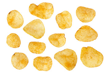 set of potato chips isolated on white background