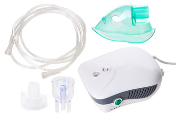Medical equipment for inhalation with respiratory mask,  nebulizer isolated on white background....