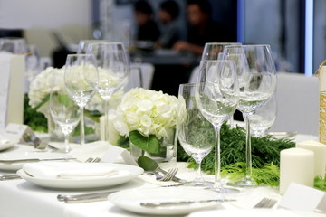Glassware and Plates, Wine Glass, Banquet Table, Meeting Room, Seminar or Party