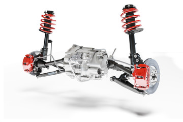 3d car suspension and brake system on white background