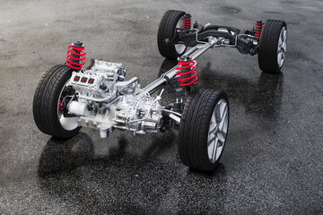 3d car chassis with motor and suspension - obrazy, fototapety, plakaty
