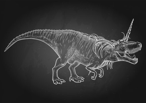 Graphic tyrannosaurus with unicorn horn and mane.