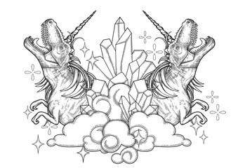 Graphic tyrannosaurus with unicorn horn and mane.