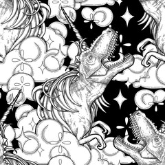 Graphic tyrannosaurus with unicorn horn and mane.