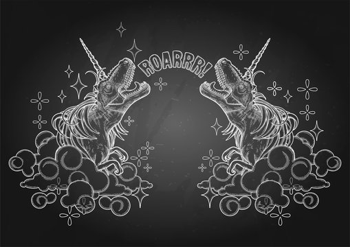 Graphic tyrannosaurus with unicorn horn and mane.