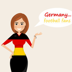 Germany football fans.Cheerful soccer fans, sports images.Young woman,Pretty girl sign.Happy fans are cheering for their team.Vector illustration