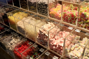 Sweets, Baby Sweets, A lot of colorful candy shop at night market street food (Selective Focus)