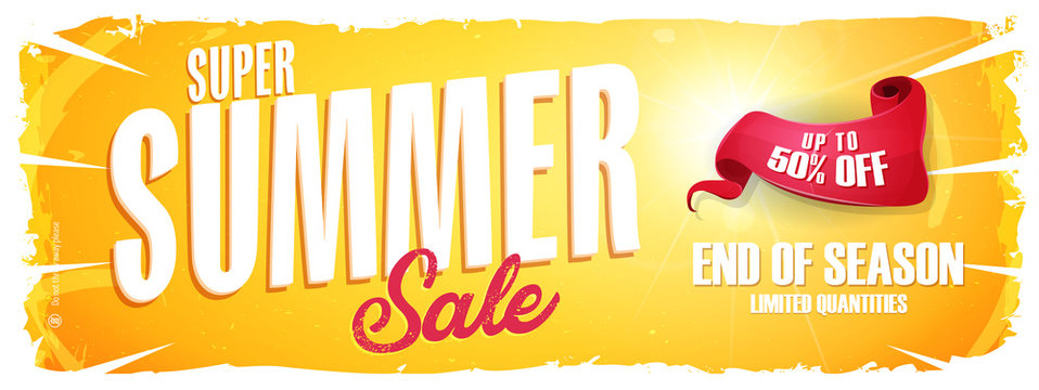 Summer Sale Extra Wide Banner/
Illustration of a wide summer sale template banner with colorul elements, typography and grunge frame