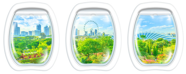 Three porthole frame windows on Aerial view of cityscape Singapore and gardens by the bay. Famous tourist attraction in marina bay area, Singapore. copy space on white background.