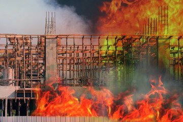 Fire, Building fire Construction site area, fire home burn, Smoke and fire Pollution burn at...