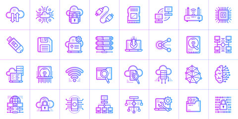 Gradient outline icons set of Cloud computing and internet technology. Suitable for infographics, websites, print media and interfaces